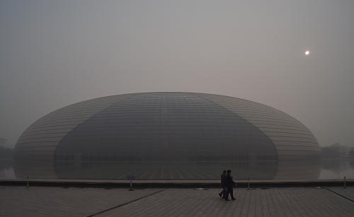 11月30日下午两点左右，两位行人走过国家大剧院。