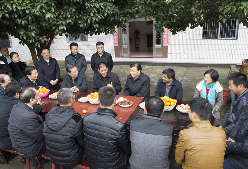 这是12月2日，刘云山在九江市永修县柘林镇易家河村与当地柑橘种植合作社成员代表座谈，了解群众生产生活情况。