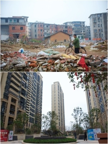 拼版照片：上图为赣州市章贡区南外街道棚户区原住户郭长厚之前居住的棚户区，下图为郭长厚现今居住的小区（1月6日摄）。自2015年9月起，江西赣州市章贡区通过货币化安置办法，开始对中心城2200多户居民进行棚户区改造，截至2016年1月4日，已有1949户居民签订房屋征收协议。据赣州市房管局介绍，棚改货币化安置不仅可以节约时间和人力成本，还可以挖掘原住民的购房潜力，化解楼市库存。新华社记者 胡晨欢 摄