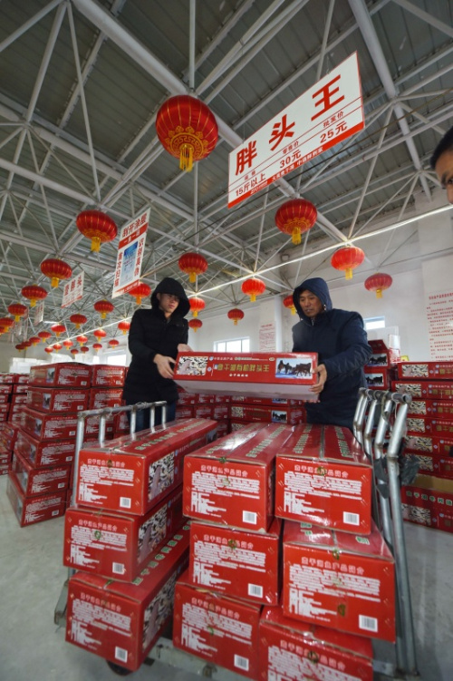 电商平台代理人员在吉林查干湖渔场超市搬运查干湖胖头鱼（1月8日摄）。新华社记者 张楠 摄