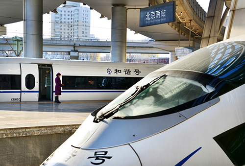 1月23日，停靠在北京南站的动车组列车准备发车。