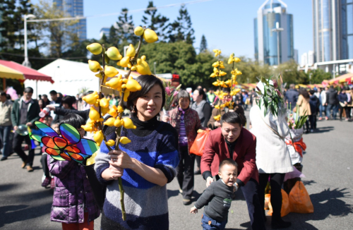 2月7日，市民在广州天河花市逛街买花。当日是农历除夕，广州市民在各花市购买花卉，喜迎新春佳节。新华社记者 卢汉欣 摄