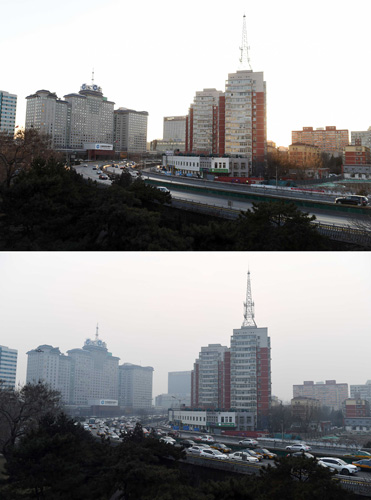 这是大年初一和春节前北京西二环交通状况对比（拼版照片：上图，2016年2月8日摄；下图，2016年1月21日摄）。