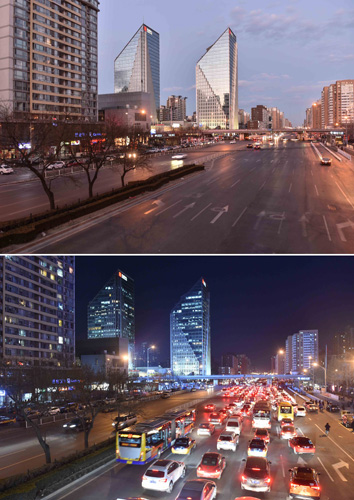 同样是傍晚时分，春节期间北京双井桥附近车辆行人稀少，而春节前双井桥是北京交通几大堵点之一（拼版照片：上图，2016年2月8日摄；下图，2015年12月10日摄）。春节期间，与往年类似，由于大量外来人口返乡过年，北京部分街道人烟稀少，如同“空城”一般。