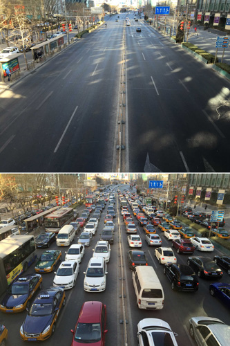 这是大年初一和春节前朝阳门外大街上交通状况对比（拼版照片：上图，2016年2月8日摄；下图，2016年2月2日摄）。