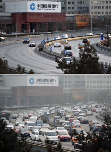 这是大年初一和春节前北京西二环交通状况对比（拼版照片：上图，2016年2月8日摄；下图，2016年1月21日摄）。