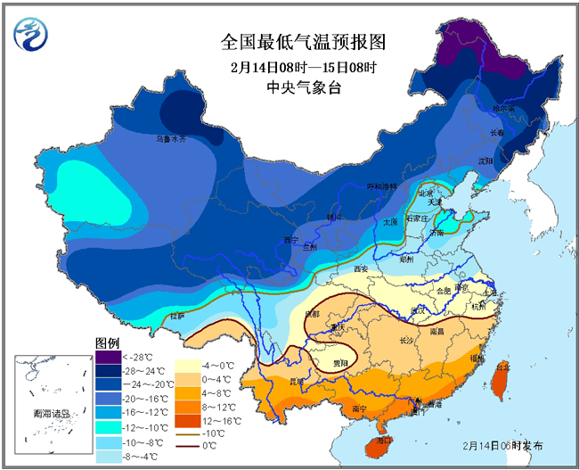 2016年2月14日至15日过程最低气温预报图
