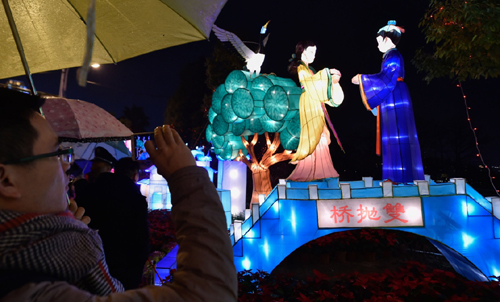 2月19日，市民在福州元宵灯会灯组“魅力古都”前拍照。该灯组通过形象的方式介绍当地老地名由来及民间传说。新华社记者 宋为伟 摄