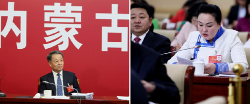 3月7日，交通运输部部长杨传堂（左图）聆听来自基层的全国人大代表额日登格日勒（右图）有关内蒙古阿巴嘎旗别力古台镇“在交通干道沿线发展牧区特色旅游业”的经验和建议。当日，十二届全国人大四次会议内蒙古代表团举行全体会议，交通运输部部长杨传堂到会听取建议。