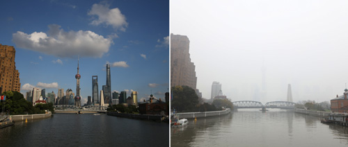 左图：2015年9月8日在上海外滩拍摄的浦江两岸；右图：2015年12月23日拍摄的雾霾下的浦江两岸（拼版照片）。新华社记者 丁汀 摄