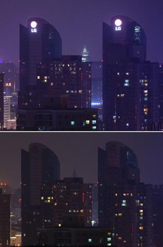 E这是3月19日北京长安街沿线一处建筑熄灯前后的拼版照片。