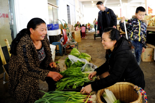 3月27日，夏美（左）在察隅县城综合市场销售自家种植蔬菜时和老顾客攀谈。西藏自治区察隅县竹瓦根镇嘎巴村的胡小兵（汉族）和夏美（藏族）一家，大儿子和二儿子都在读大学，家庭负担较重。2014年起，广东省援藏工作组为这个家庭筹措资金，并给予技术支持，帮助他们从事蔬菜种植，使他家两年来每年收入10余万元。夫妻俩的菜园也成了察隅县的蔬菜种植培训基地，带动全县近百户农牧民走上了脱贫致富路。新华社记者 张汝锋 摄