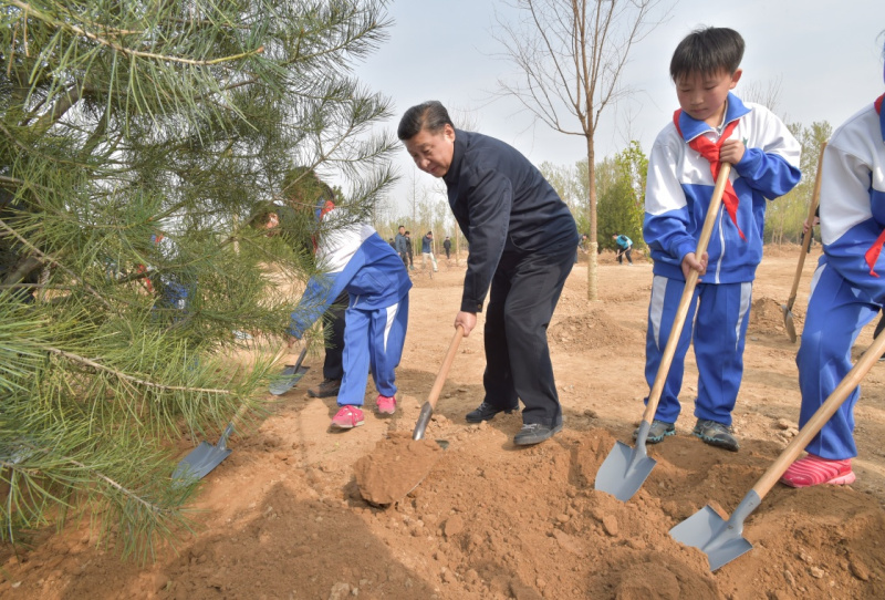 4月5日，党和国家领导人习近平、李克强、张德江、俞正声、刘云山、王岐山、张高丽等来到北京市大兴区西红门镇参加首都义务植树活动。这是习近平同大家一起植树。新华社记者 李涛 摄