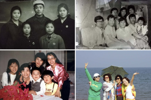 1968年，董惠娟（左上图，前排右）和二哥及姐妹们的合影，其二哥在唐山地震中遇难；1984年，董惠娟（右上图，后排右二）和亲人在简易棚里合影；1989年，董惠娟（左下图，前排左二）和亲人合影；2013年，董惠娟（右下图，左一）和姐妹们在北戴河旅游时合影（拼版照片）。新华社发