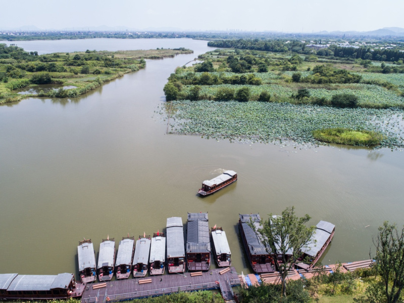 8月8日,德清县下渚湖景区的电动游船行驶在湖区的水面上(无人机拍摄).