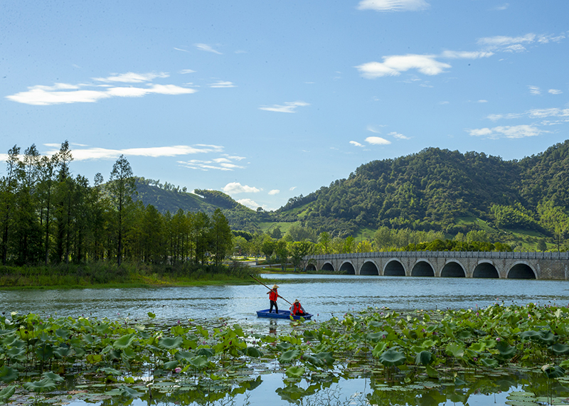 在浙江省湖州市安吉县灵峰街道灵峰湖,志愿者在湖中清理垃圾(2020年8