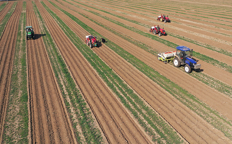 5月11日,在铁岭市铁岭县凡河镇,农民驾驶农机在播种大豆(无人机照片).