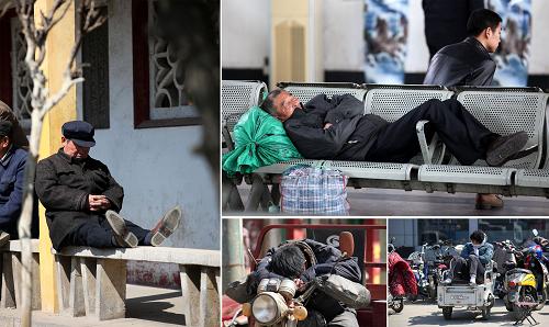 这是3月21日在山东省枣庄市城区街头、车站、公园拍摄的“别样睡眠”(拼版图片)。当日是世界睡眠日,今年睡眠日的中国主题是“健康睡眠 平安出行”。新华社发(孙中喆 摄)