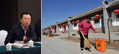左图:全国人大代表吴野松指出,应加大农村的基础设施建设,尤其是农村垃圾处理设施的规划和建设,避免垃圾围村,建设美丽乡村。新华社记者杨青摄 右图:陕西省大荔县柳池村村民常碧云在自家门口打扫卫生(2014年3月14日摄)。大荔县开展“美丽乡村”建设工程,为乡村配置垃圾桶、垃圾清运车,设置村级保洁员,切实提升乡村环境质量。新华社记者丁海涛摄