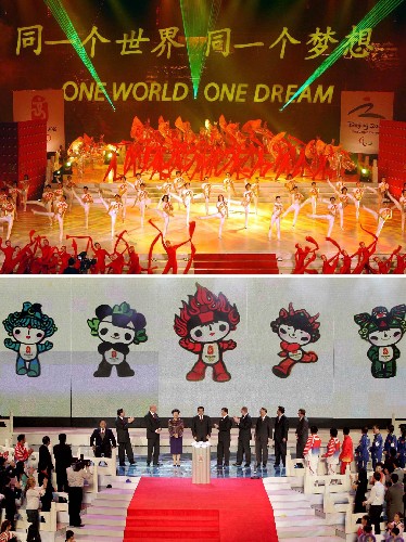 千金一诺 北京践约——北京奥运会筹办七年间 2001年7月13日,国际奥委会第112次全会投票选出2008年奥运会主办城市——中国北京。 上图2005年6月26日,第二十九届奥林匹克运动会主题口号“同一个世界 同一个梦想”(One World One Dream)在北京工人体育馆举行揭晓仪式。 下图2005年11月11日,第二十九届奥林匹克运动会吉祥物发布仪式在北京举行。吉祥物由5个拟人化的娃娃形象组成,统称“福娃”,分别叫“贝贝”、“晶晶”、“欢欢”、“迎迎”、“妮妮”。五个字的读音组成谐音“北京欢迎你”。 新华社发