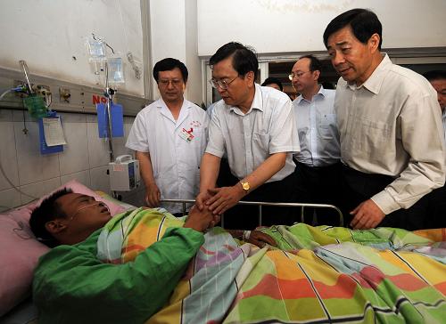 张德江在渝慰问伤员 6月6日,受胡锦涛总书记、温家宝总理委派,中共中央政治局委员、国务院副总理张德江代表党中央、国务院,赶到重庆武隆山体垮塌现场指导抢救工作。目前,抢救工作正有序展开,山体垮塌原因正在调查中。这是张德江在重庆市急救中心慰问伤员。 新华社记者周衡义摄
